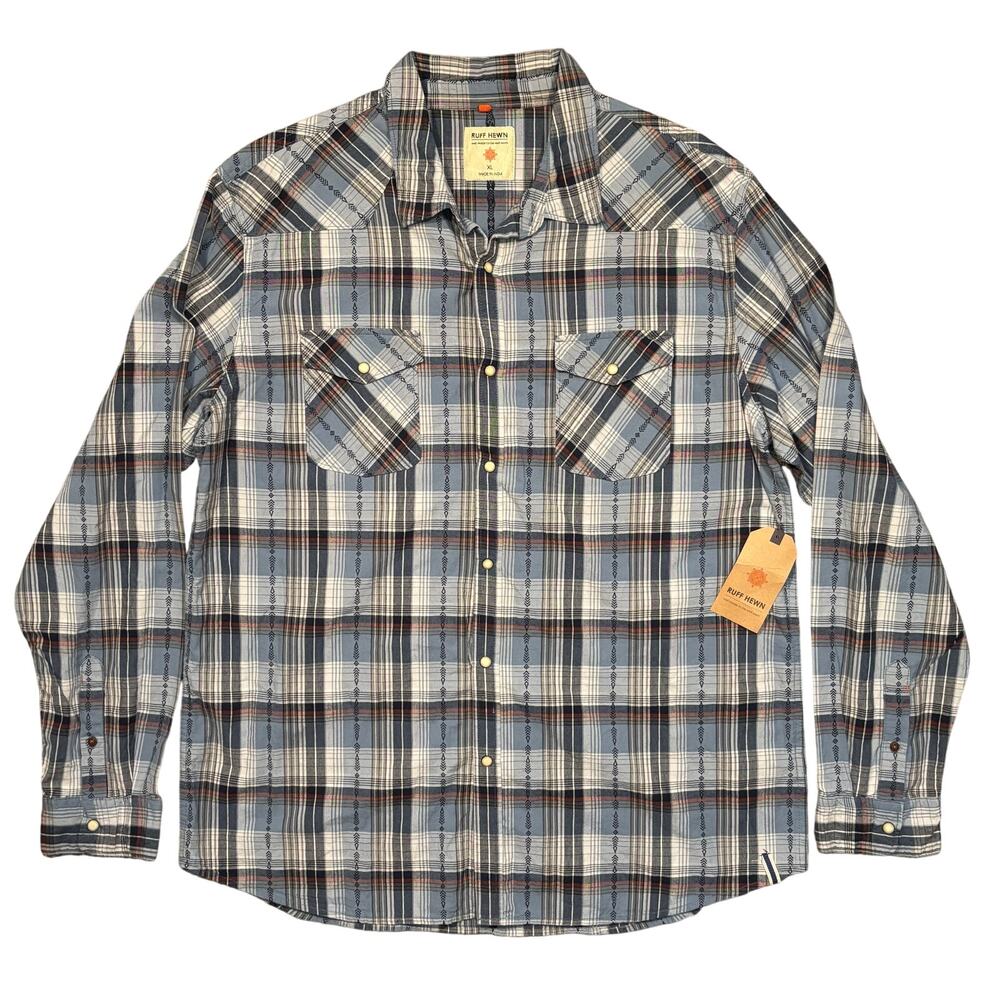 Ruff Hewn Vintage Chambray Blue Gray Red Pearl Snap Western Shirt Mens XL NEW